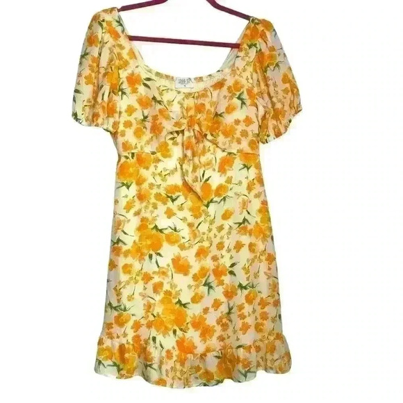 Sienna Sky Tangerine,  floral, scoop neck to tie, flowy, Mini Dress. Size Medium - Picture 1 of 8